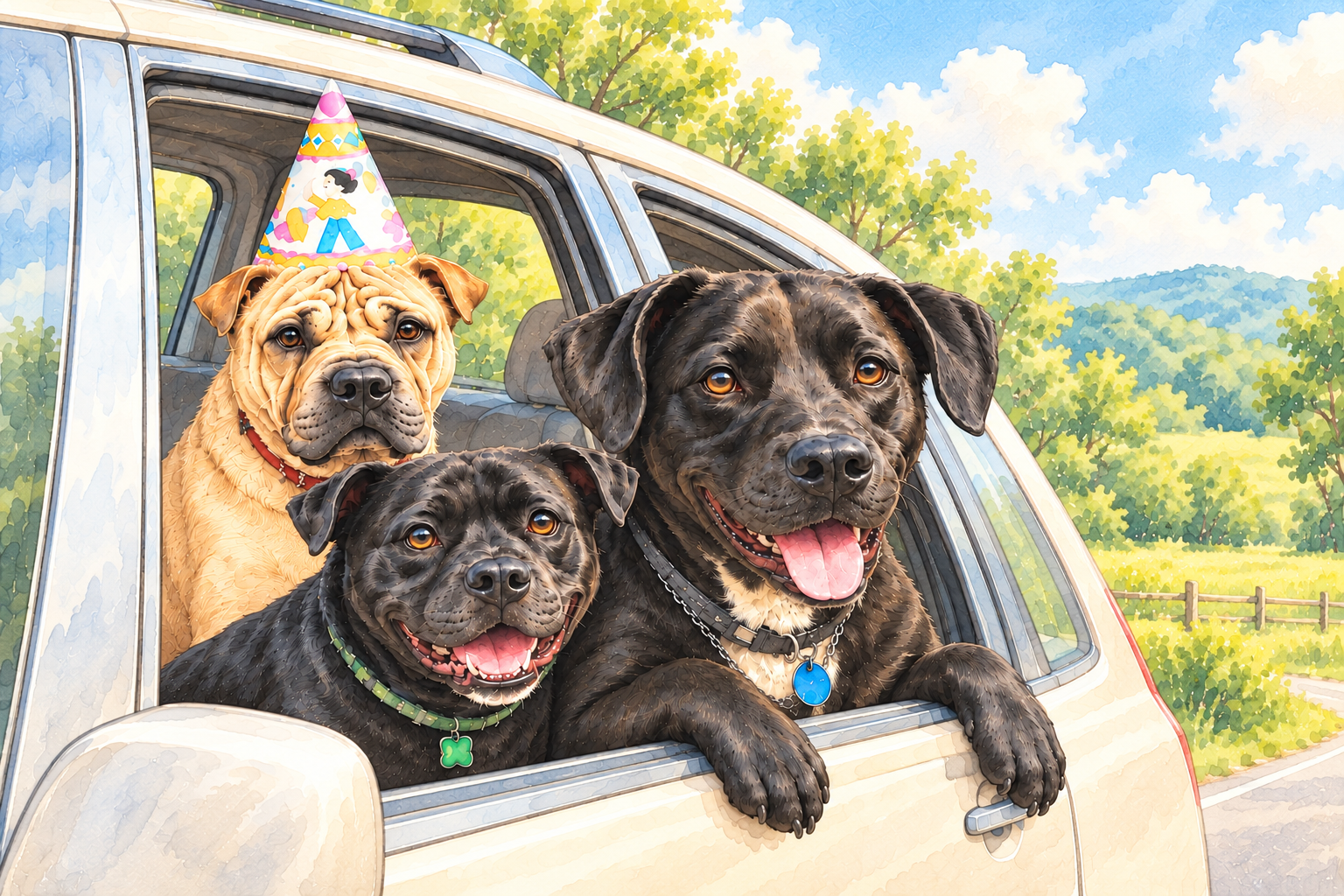 Three Dogs on a Birthday Drive