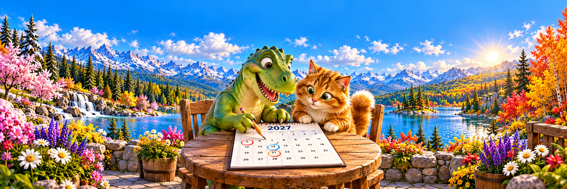 Cat and dinosaur looking at a calendar.