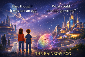 Two children standing at the edge of a galaxy looking at multicolored glowing buildings.