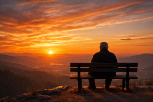 Man sitting on bench at sunset