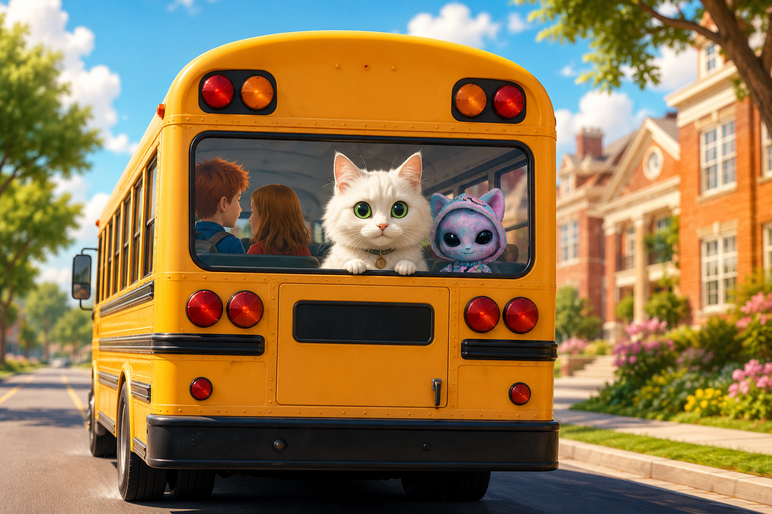 Cartoon cat looking out back window of a school bus.