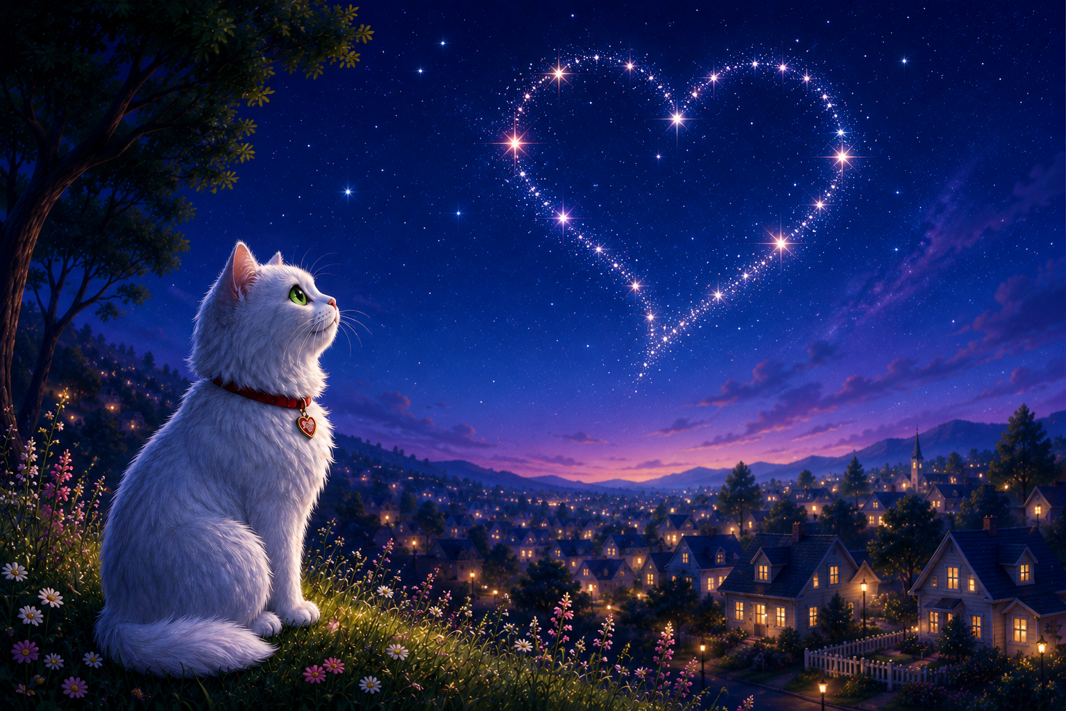 Whiskers the cat looking at a heart-shaped constellation.
