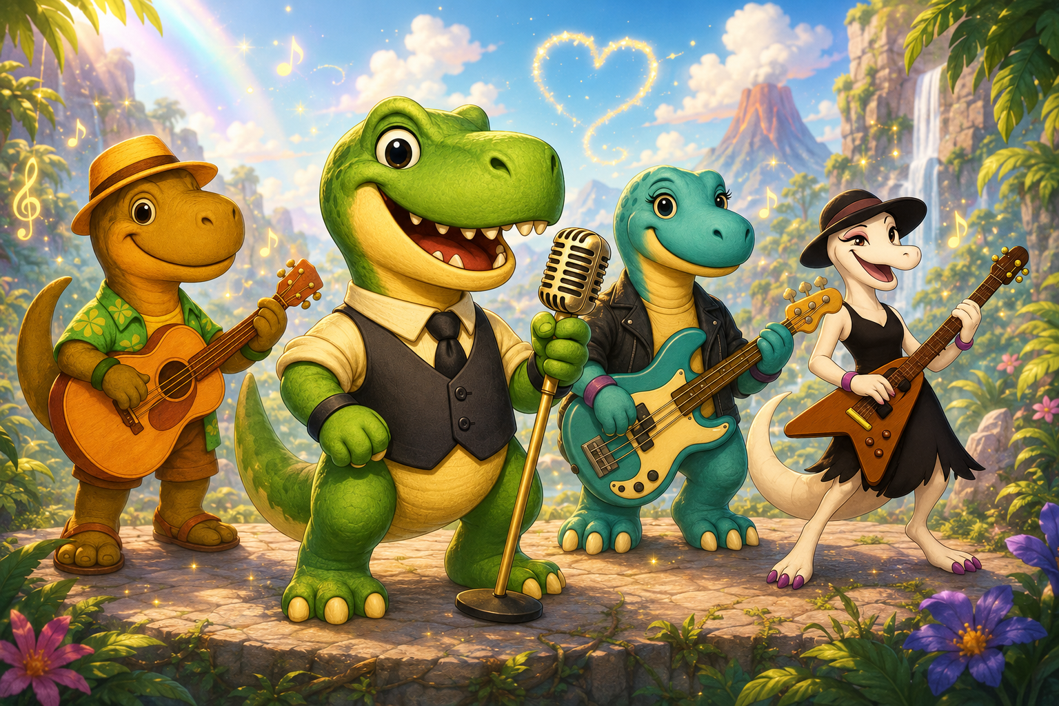 Cartoon dinosaurs playing in a band at Dino Cove.