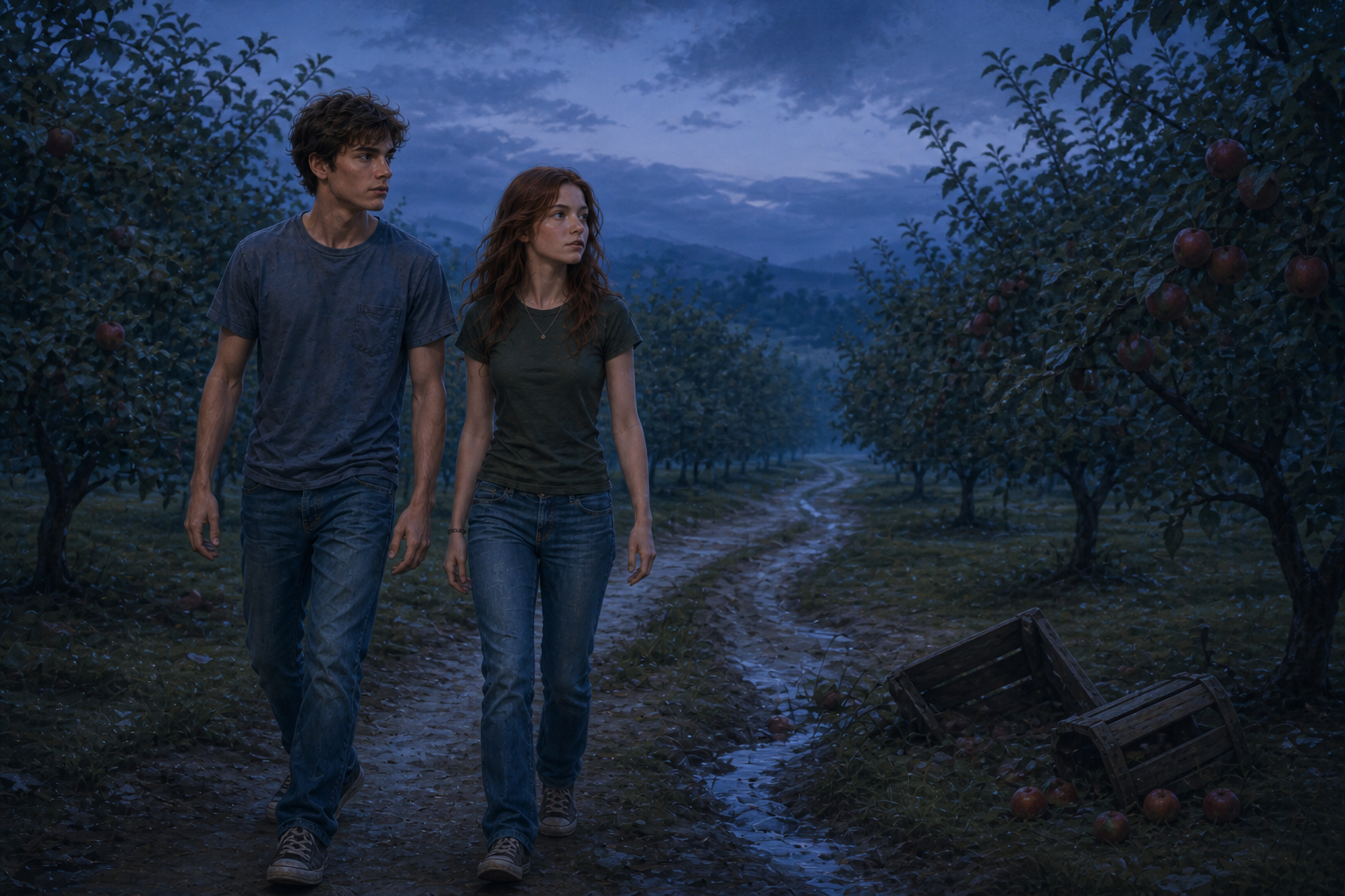 a boy and girl are walking through an orchard at night.