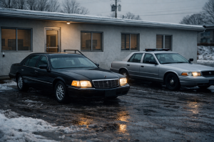 Two sedans to park outside of an office building