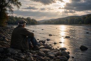 a man sitting by a river at sunsise