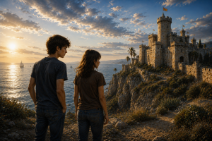 kids stand near castle over looking the ocean