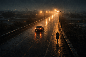 The Rain on a bridge at night.